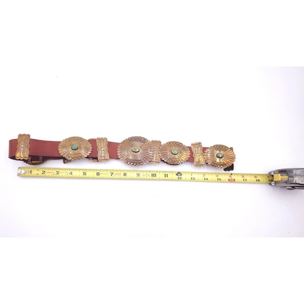 Vintage Handmade Brass Leather Navajo Concho Belt Turquoise Butterfly 32"-37" - Picture 12 of 12